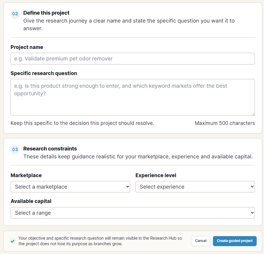 Real app screen for defining the project question and research constraints