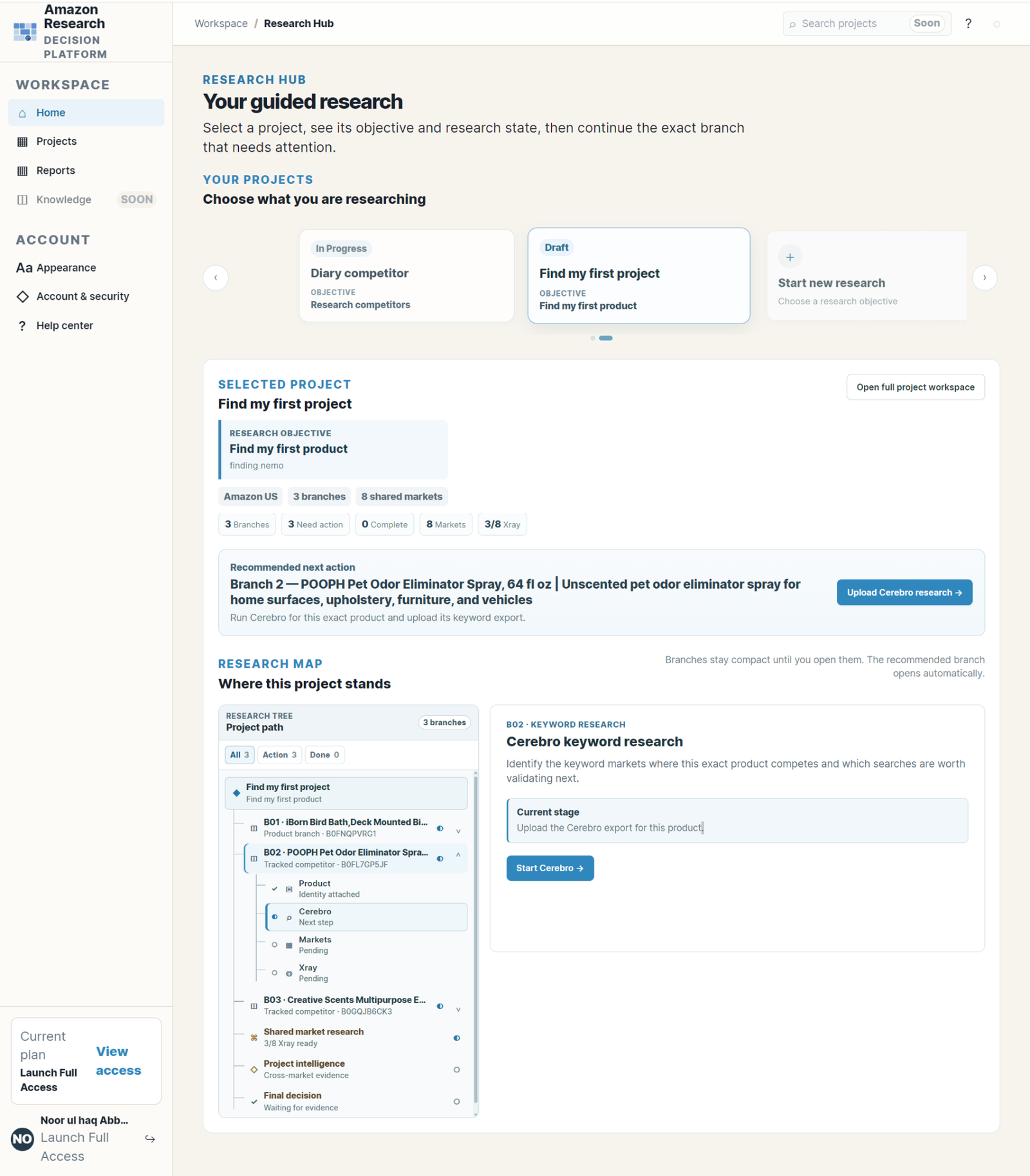 Real Argon11 Research Hub showing a selected project, recommended next action and Research Map