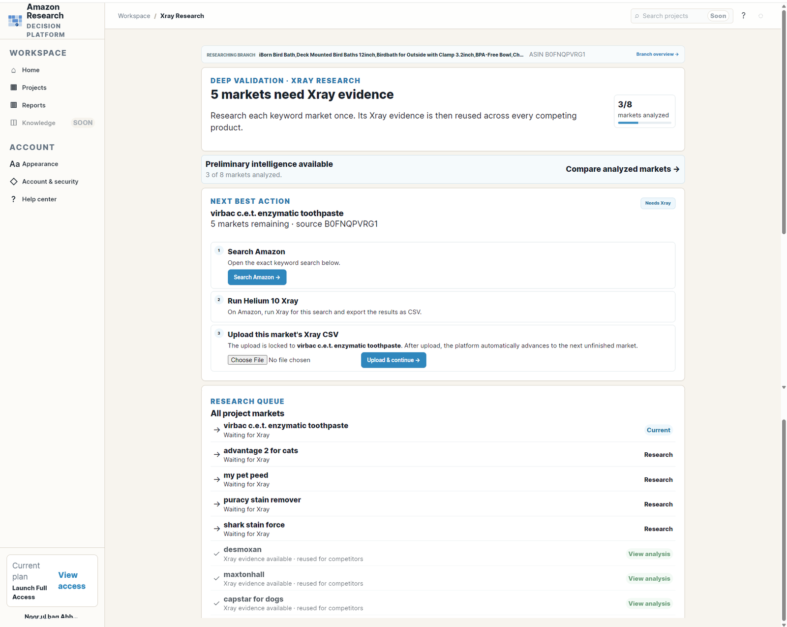 Real Xray Research page showing markets remaining, next best action, upload workflow and research queue